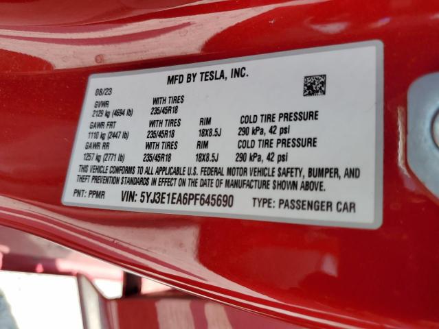 2023 TESLA MODEL 3 5YJ3E1EA6PF645690
