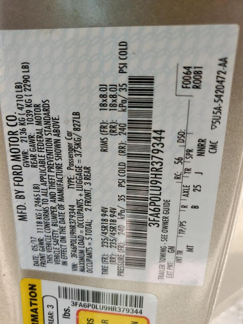 2017 FORD FUSION SE - 3FA6P0LU9HR379344