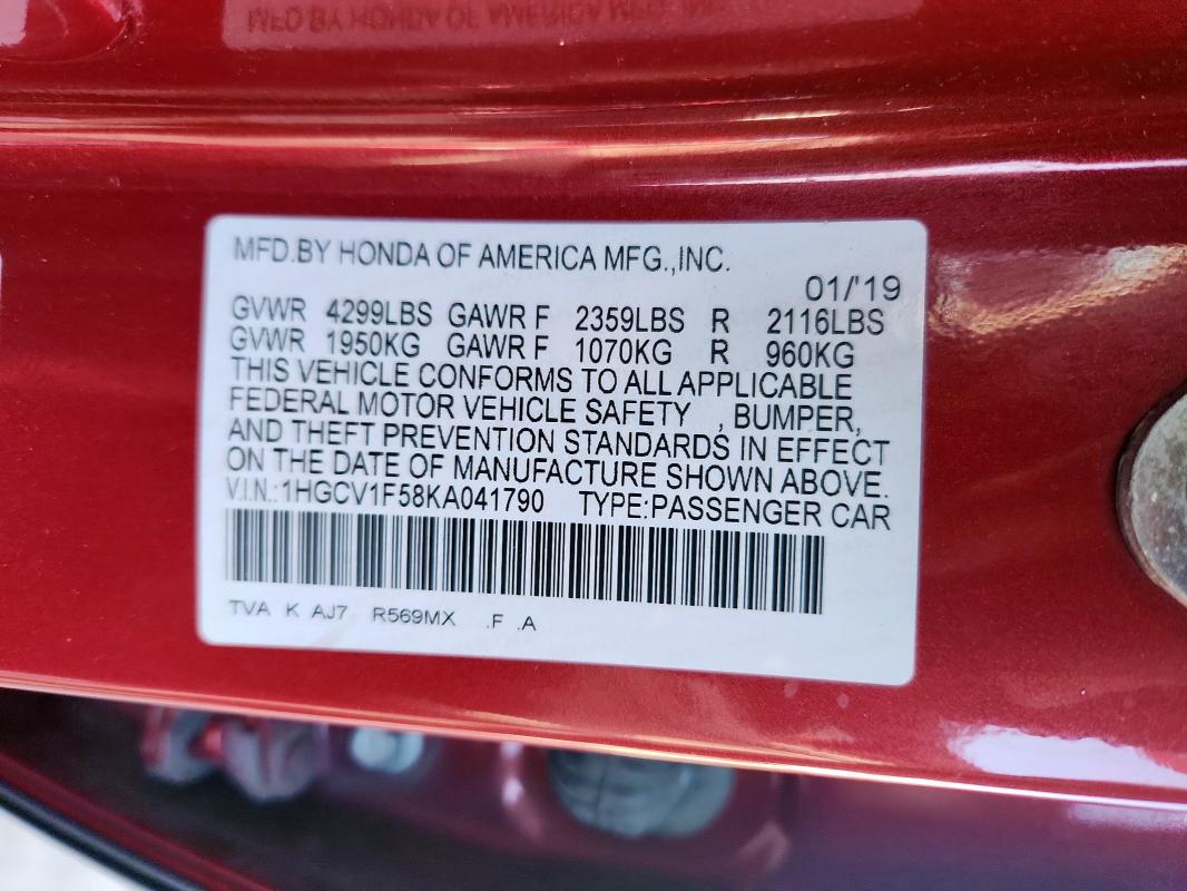 2019 HONDA ACCORD EXL 1HGCV1F58KA041790