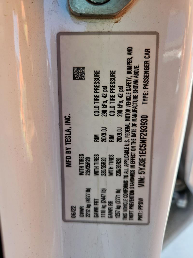2022 TESLA MODEL 3 5YJ3E1EC5NF293930