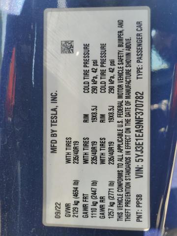 2022 TESLA MODEL 3 5YJ3E1EA9NF370782