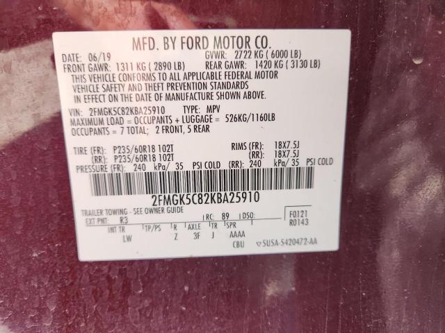 2019 FORD FLEX SEL 2FMGK5C82KBA25910