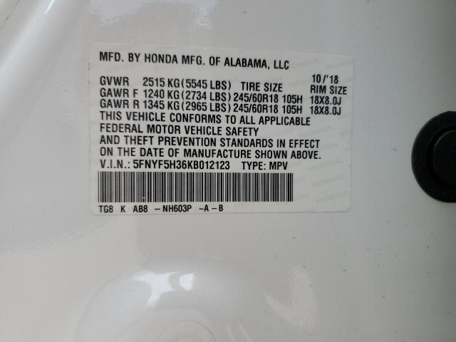 2019 HONDA PILOT EX 5FNYF5H36KB012123