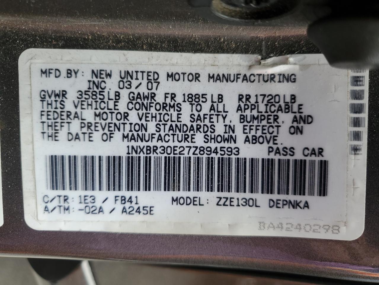 Lot #3234703351 2007 TOYOTA COROLLA CE