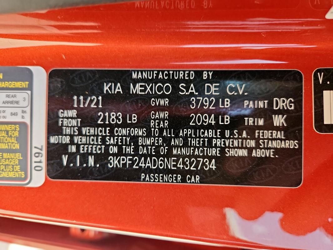2022 KIA FORTE FE 3KPF24AD6NE432734