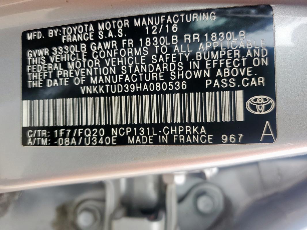 2017 TOYOTA YARIS L VNKKTUD39HA080536
