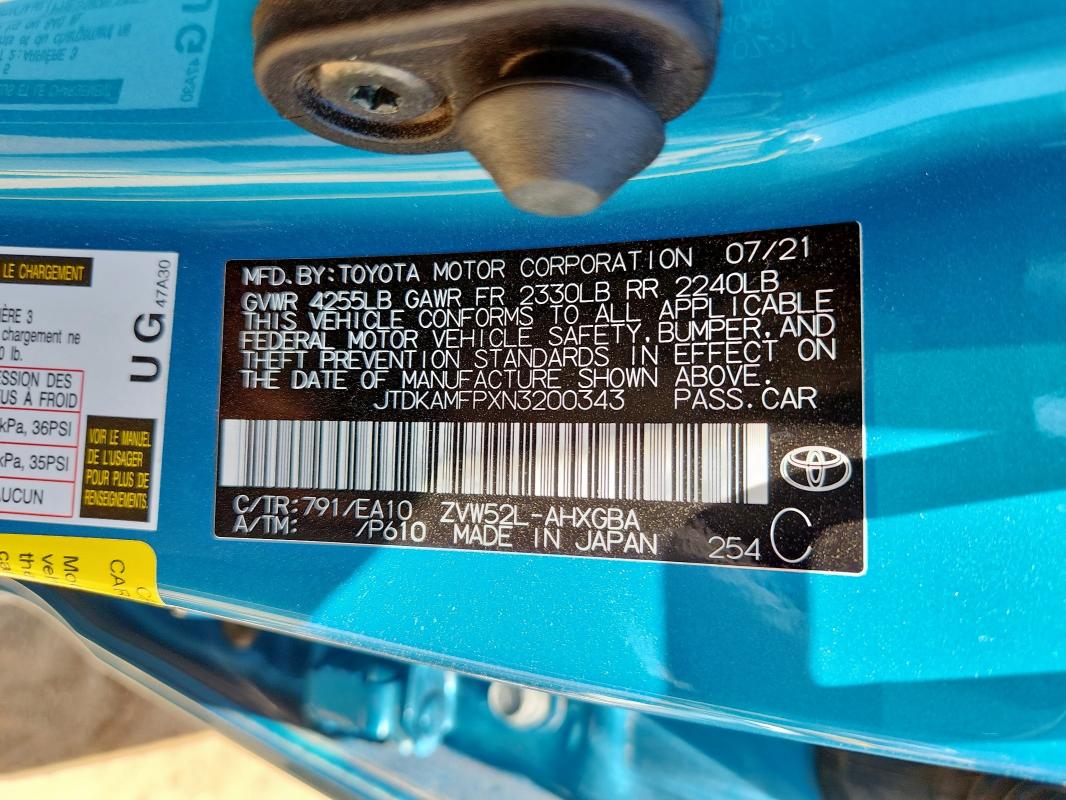 2022 TOYOTA PRIUS PRIM JTDKAMFPXN3200343