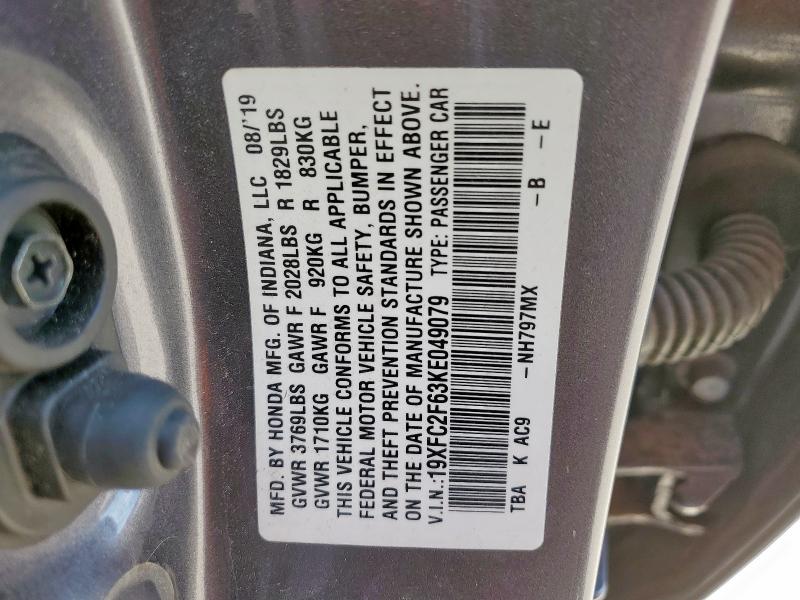 2019 HONDA CIVIC LX 19XFC2F63KE049079