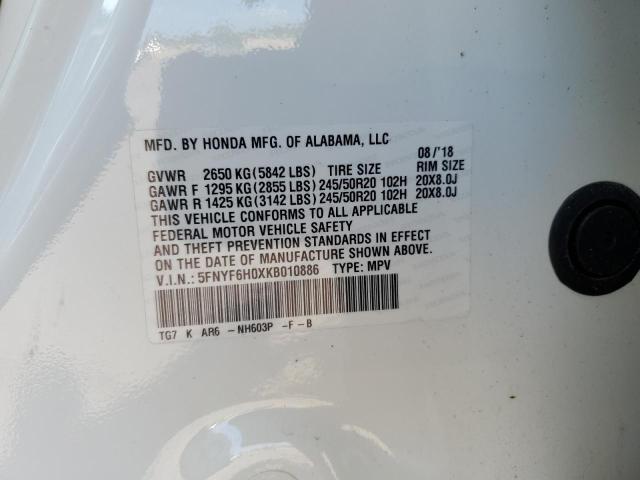 2019 HONDA PILOT ELIT 5FNYF6H0XKB010886
