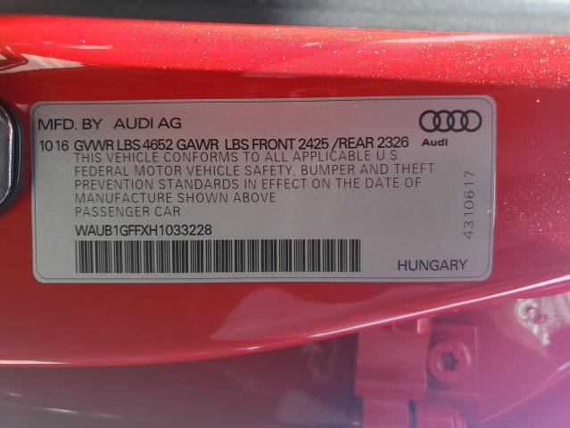 2017 AUDI S3 PREMIUM WAUB1GFFXH1033228