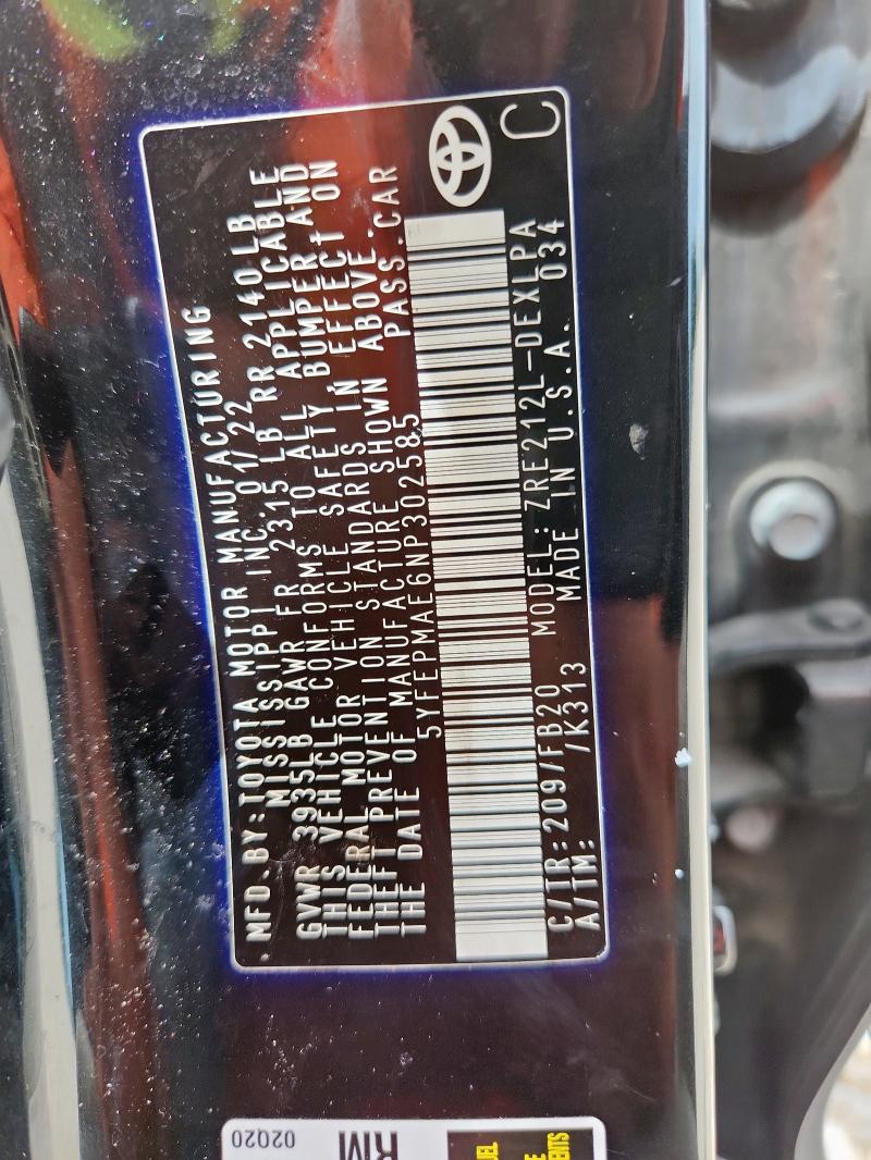 2022 TOYOTA COROLLA LE 5YFEPMAE6NP302585