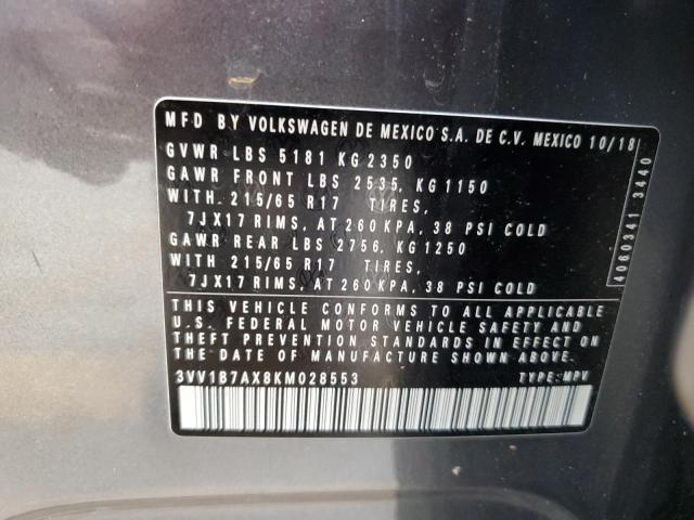 2019 VOLKSWAGEN TIGUAN S 3VV1B7AX8KM028553