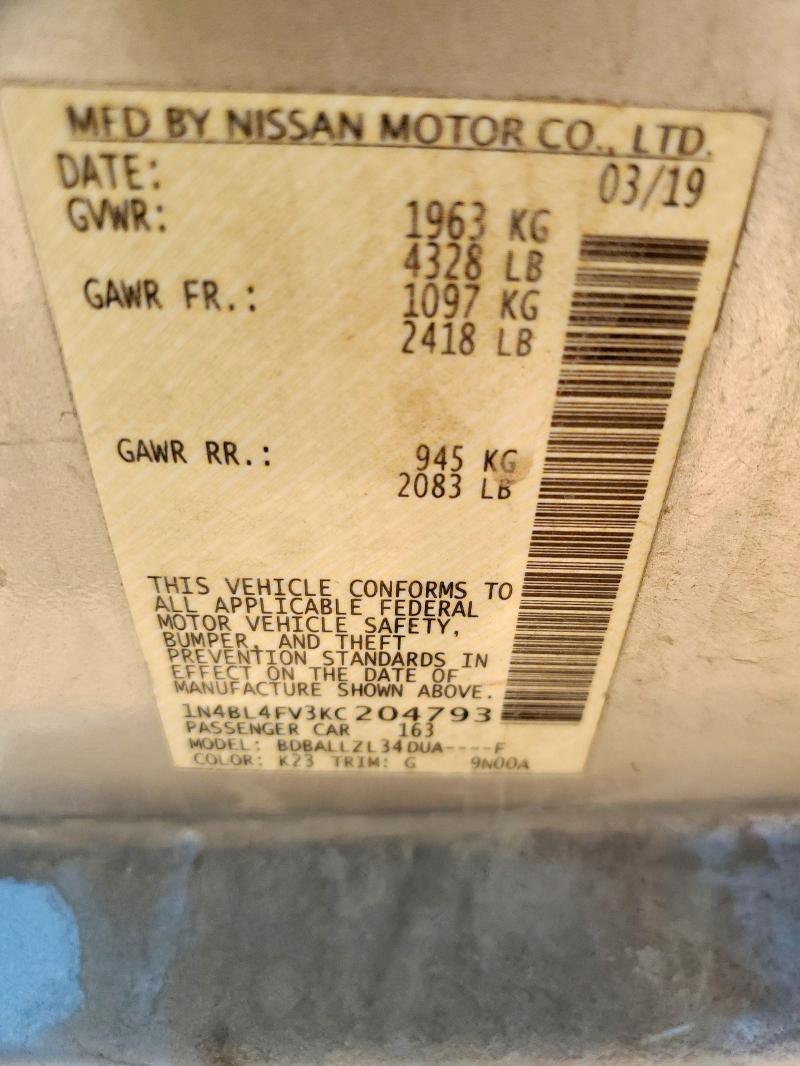 2019 NISSAN ALTIMA PLA 1N4BL4FV3KC204793