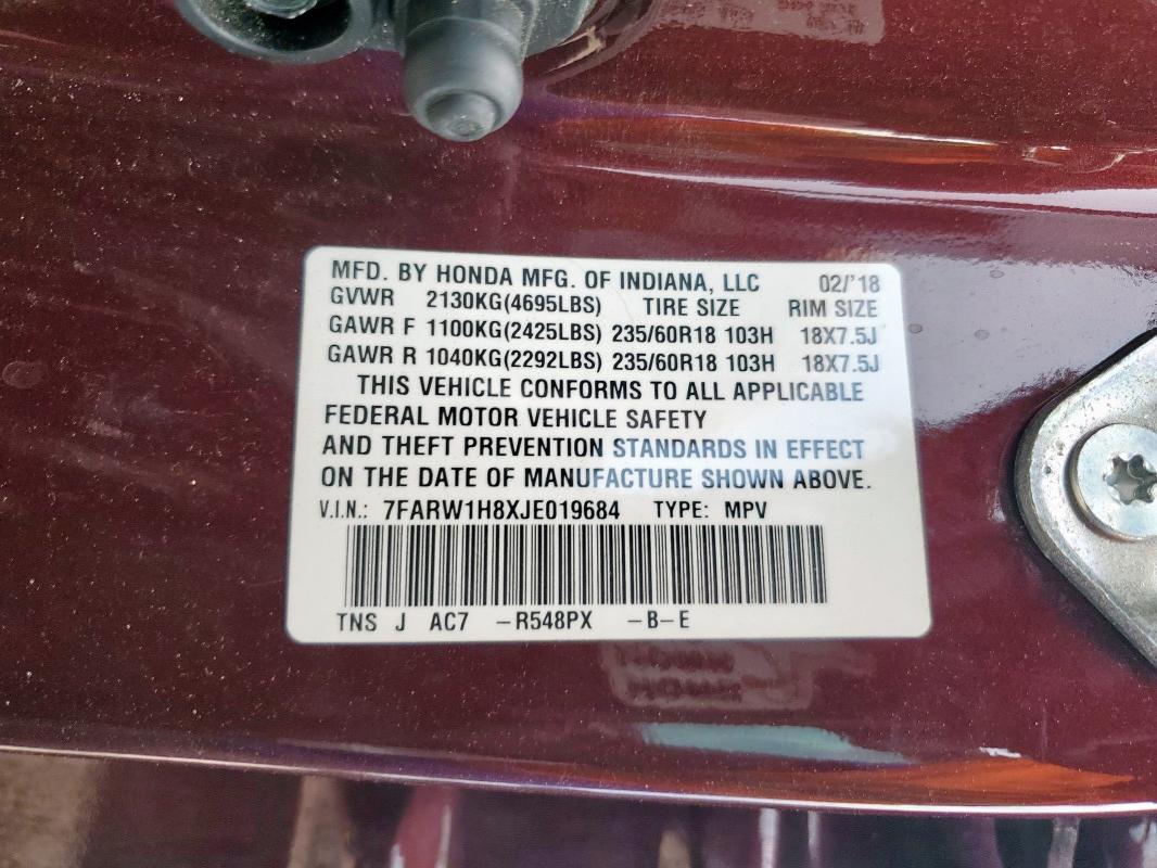 2018 HONDA CR-V EXL 7FARW1H8XJE019684