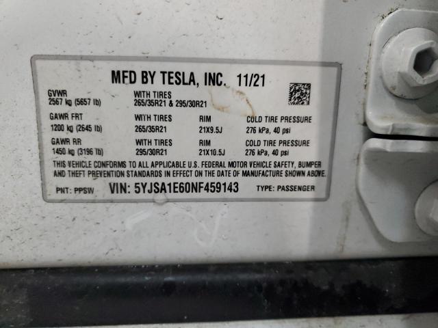2022 TESLA MODEL S 5YJSA1E60NF459143