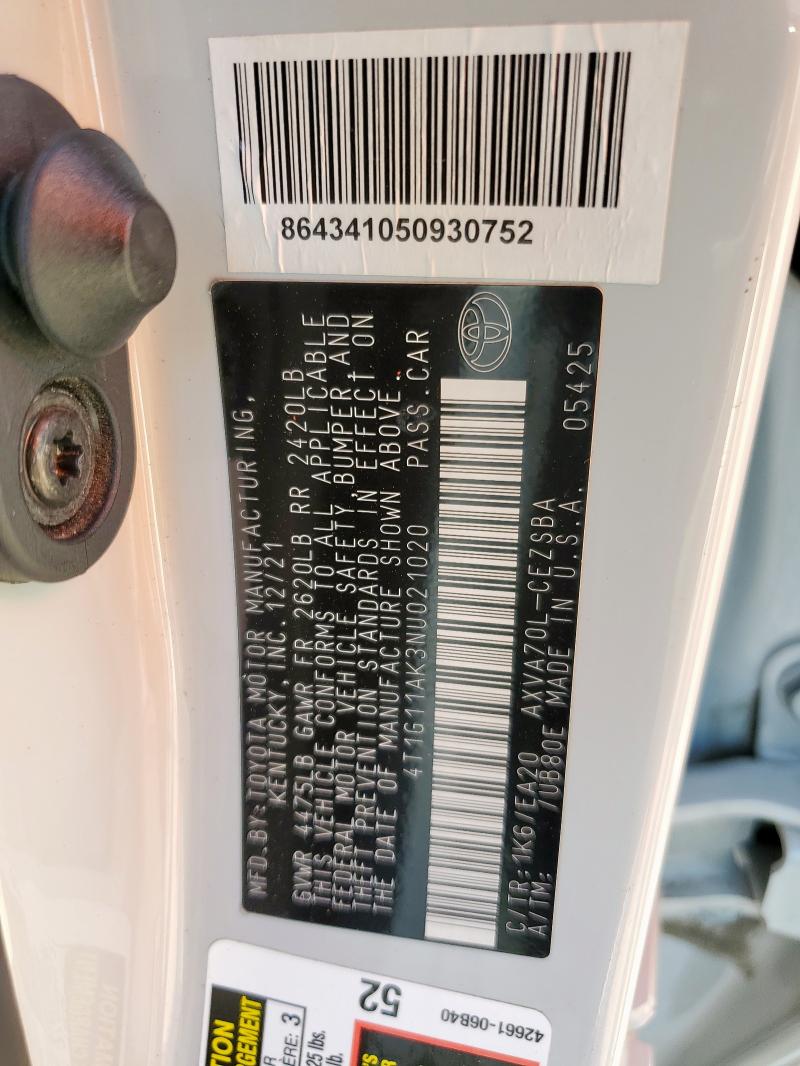 2022 TOYOTA CAMRY SE 4T1G11AK3NU021020