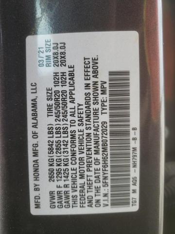 2021 HONDA PILOT TOUR - 5FNYF6H62MB072029