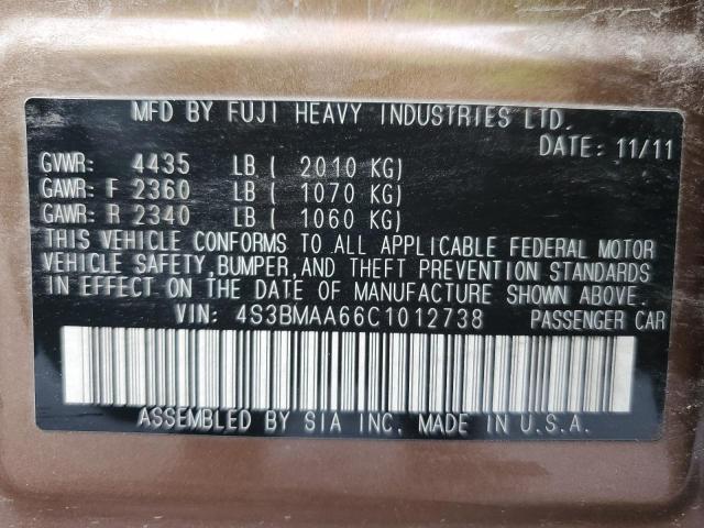2012 SUBARU LEGACY 2.5 - 4S3BMAA66C1012738