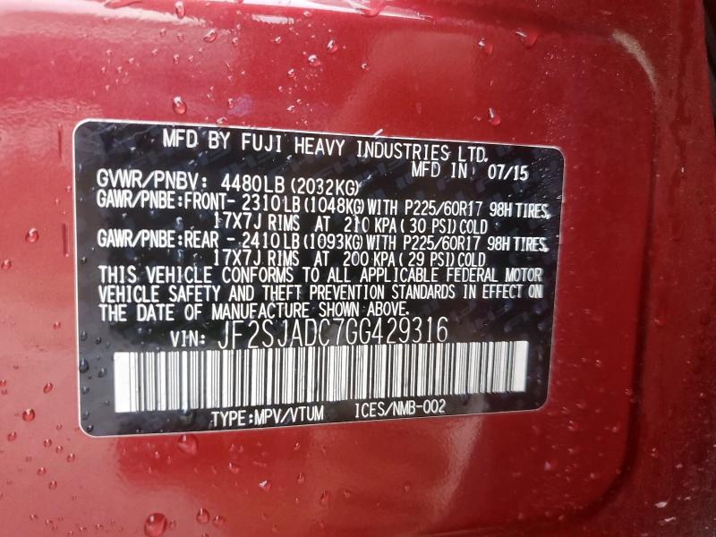 2016 SUBARU FORESTER 2 JF2SJADC7GG429316