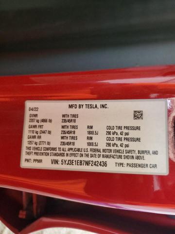 2022 TESLA MODEL 3 - 5YJ3E1EB7NF242436