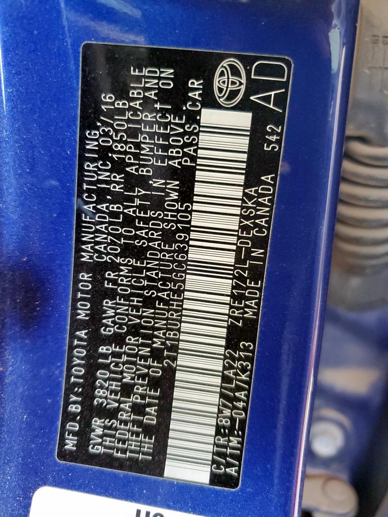 2016 TOYOTA COROLLA L - 2T1BURHE5GC639105