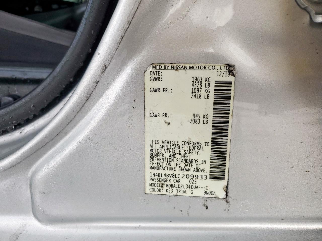 Lot #3310773951 2020 NISSAN ALTIMA S