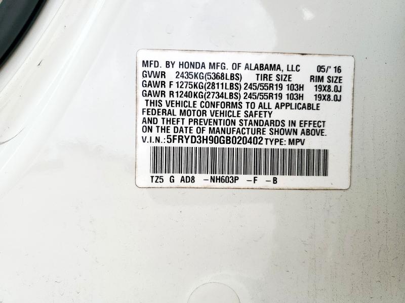 2016 ACURA MDX ADVANC 5FRYD3H90GB020402