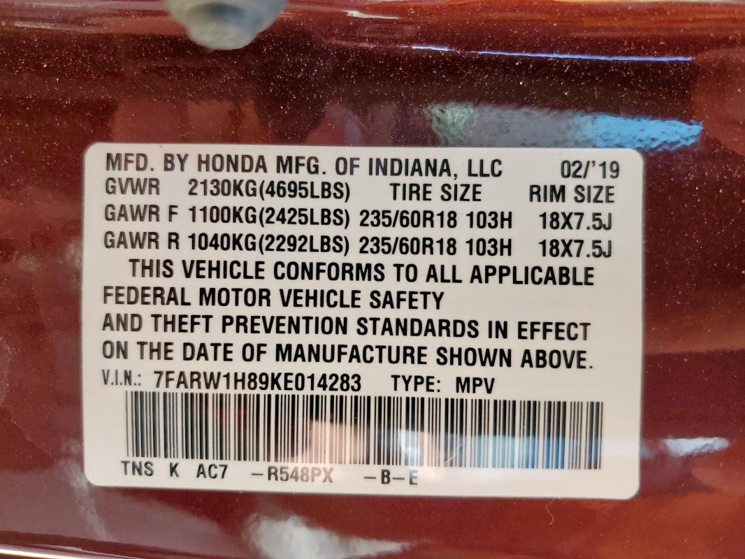2019 HONDA CR-V EXL - 7FARW1H89KE014283