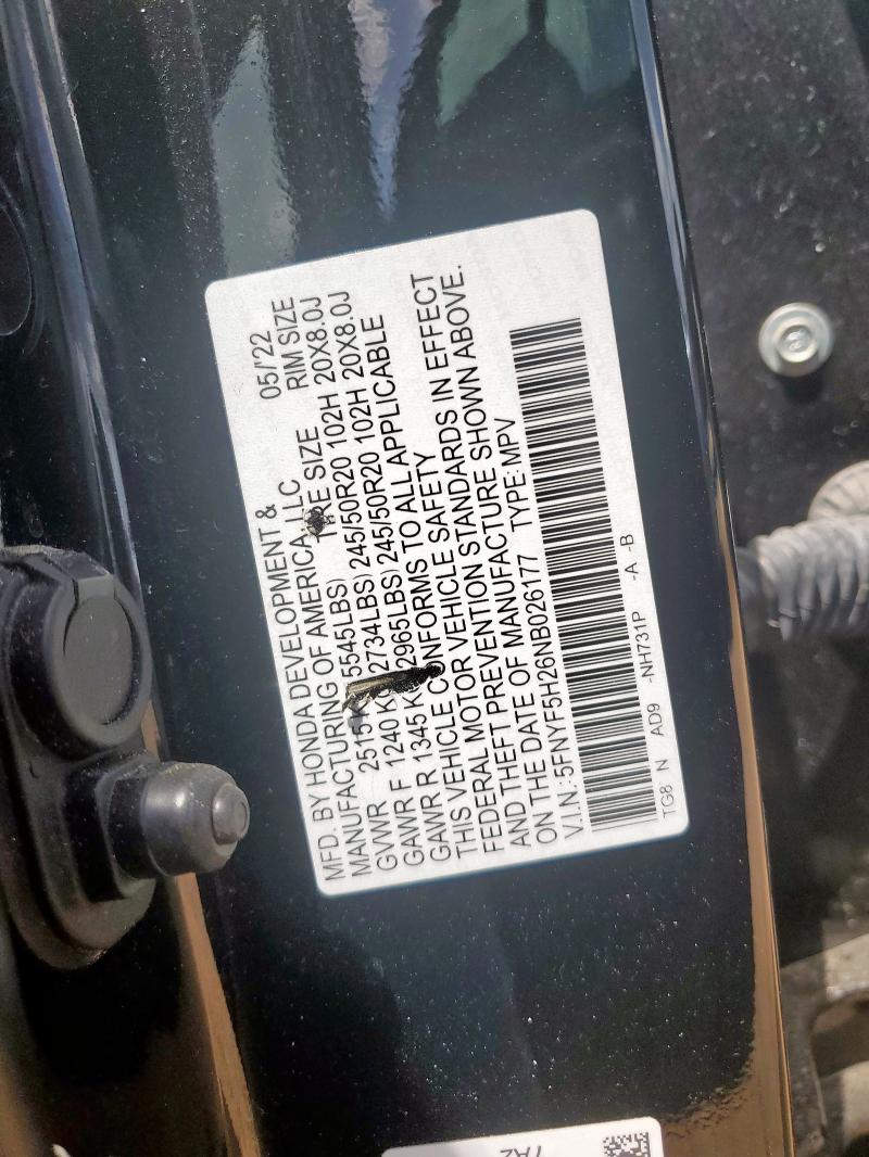2022 HONDA PILOT SE 5FNYF5H26NB026177