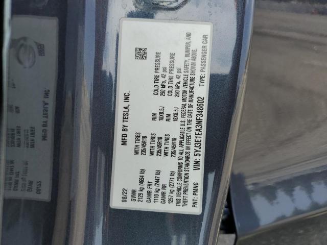 2022 TESLA MODEL 3 5YJ3E1EA3NF348602