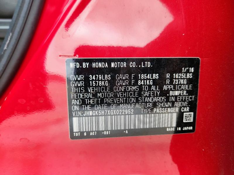 2016 HONDA FIT EX JHMGK5H7XGX022952