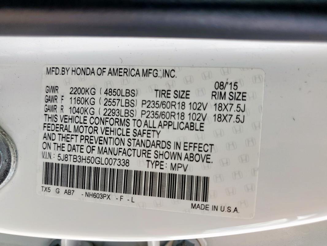 2016 ACURA RDX TECHNO 5J8TB3H50GL007338