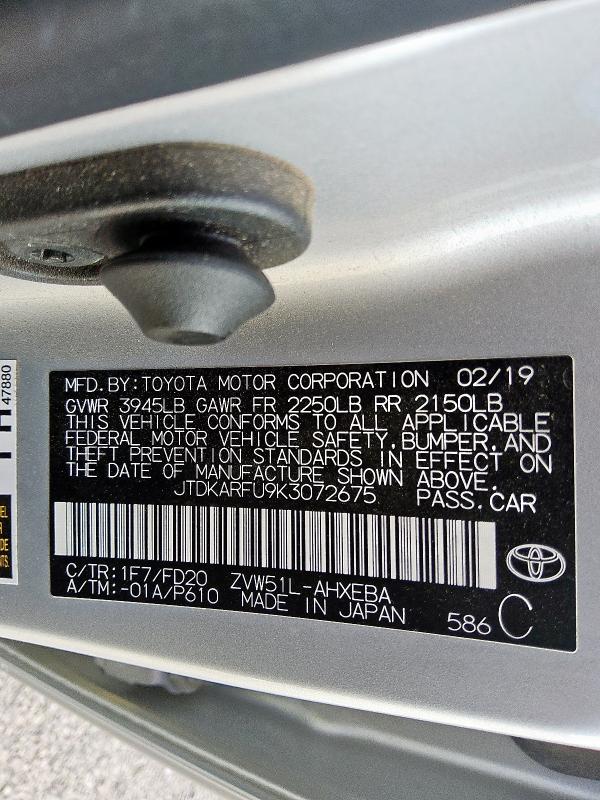2019 TOYOTA PRIUS JTDKARFU9K3072675