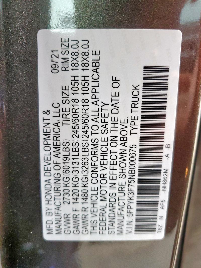 2022 HONDA RIDGELINE 5FPYK3F75NB000675