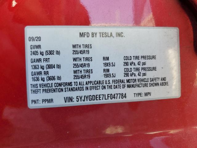 2020 TESLA MODEL Y 5YJYGDEE7LF047784