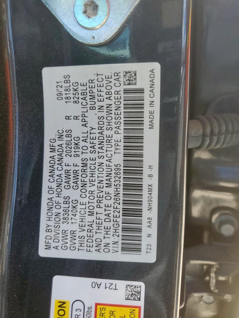 2022 HONDA CIVIC LX 2HGFE2F26NH532695