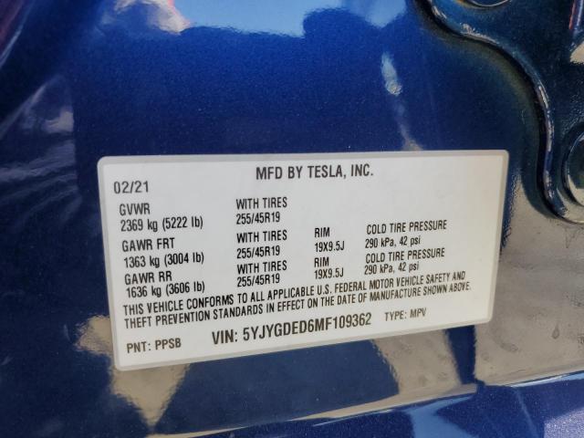 2021 TESLA MODEL Y 5YJYGDED6MF109362