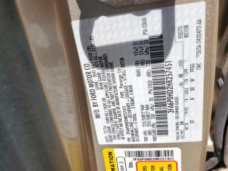 2017 FORD FUSION SE - 3FA6P0HD2HR257451