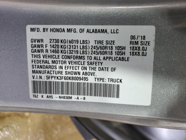 2019 HONDA RIDGELINE 5FPYK3F60KB009495
