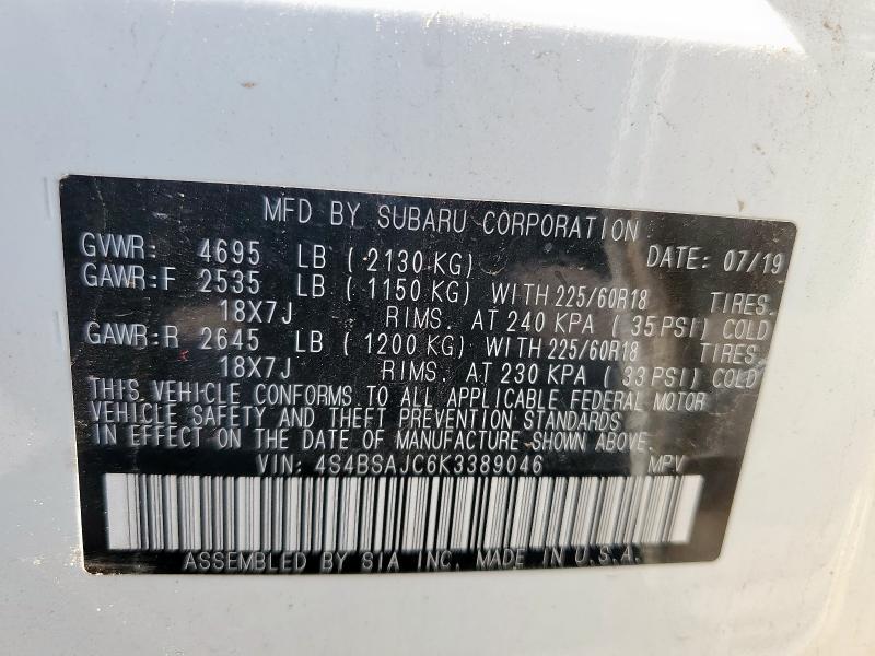 2019 SUBARU OUTBACK 2. 4S4BSAJC6K3389046