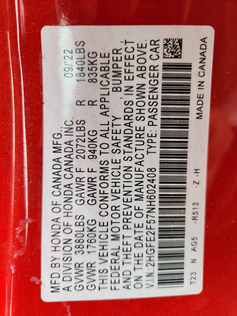 2022 HONDA CIVIC SPOR - 2HGFE2F57NH602408