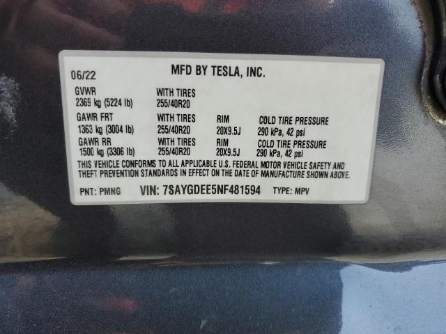 2022 TESLA MODEL Y 7SAYGDEE5NF481594