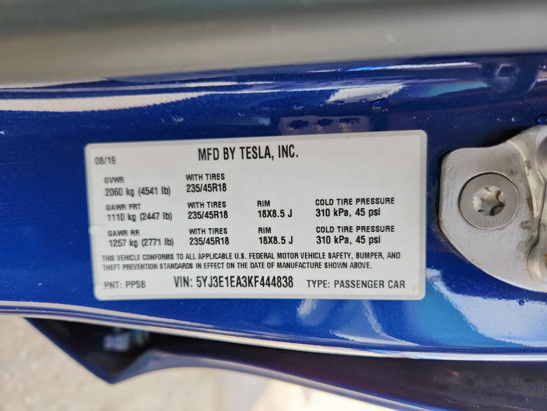 2019 TESLA MODEL 3 5YJ3E1EA3KF444838