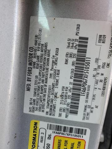 2015 FORD FUSION S 1FA6P0G7XF5105011