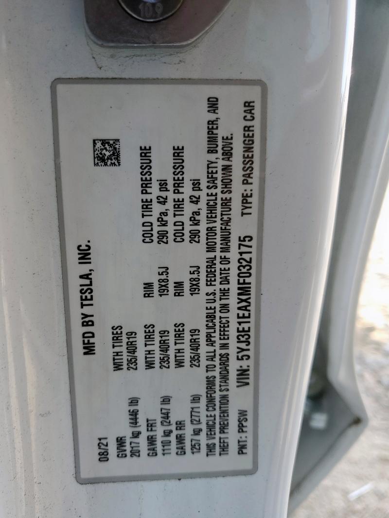 2021 TESLA MODEL 3 5YJ3E1EAXMF032175