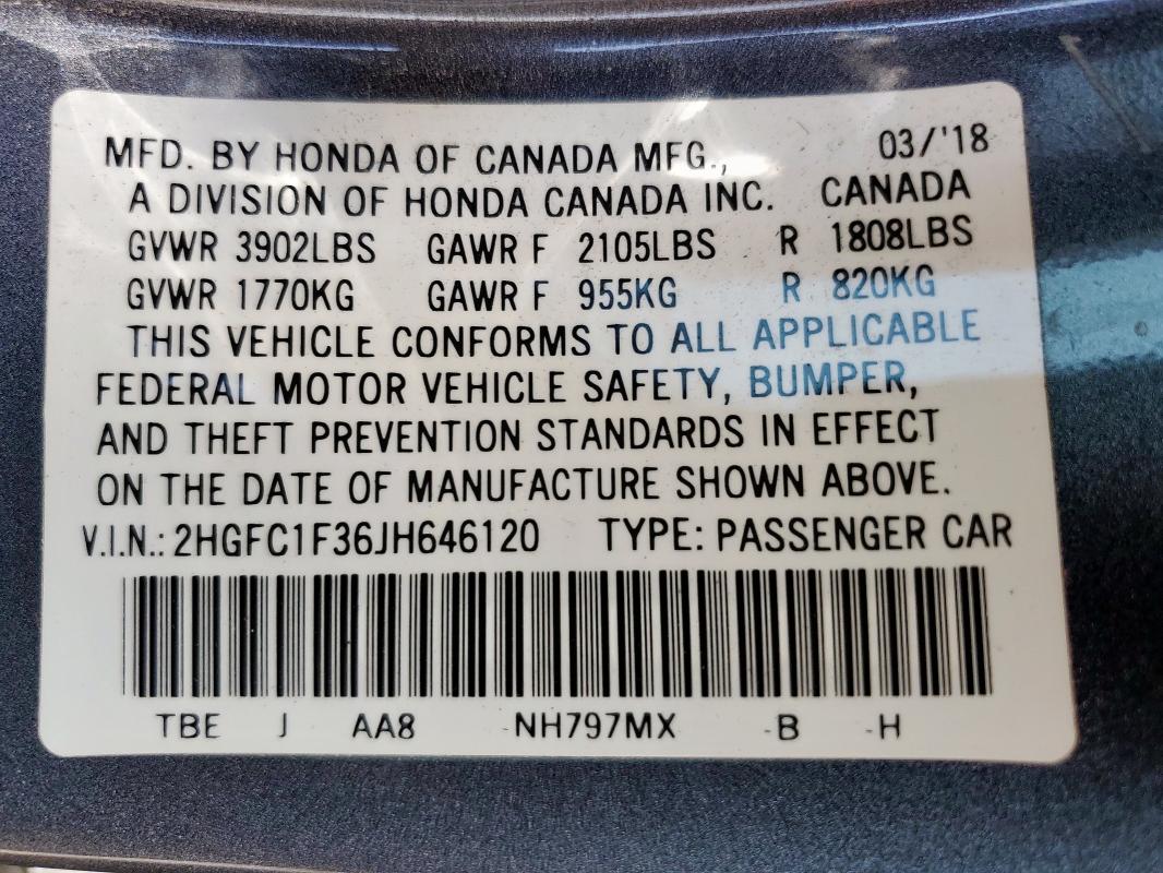 2018 HONDA CIVIC EX 2HGFC1F36JH646120