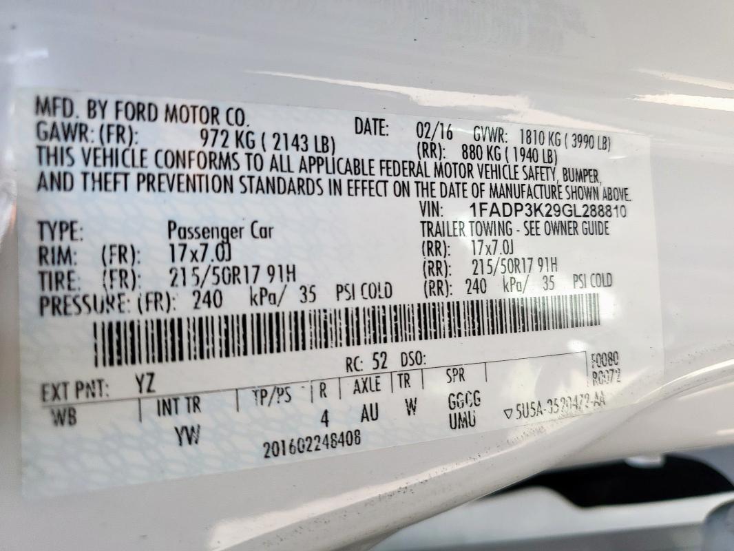 2016 FORD FOCUS SE 1FADP3K29GL288810
