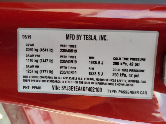 2019 TESLA MODEL 3 5YJ3E1EA4KF402100
