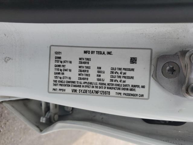 2022 TESLA MODEL 3 5YJ3E1EA7NF125978