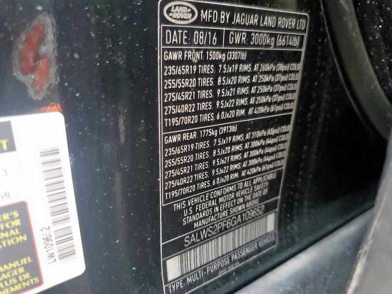 2016 LAND ROVER RANGE ROVE SALWS2PF6GA109652
